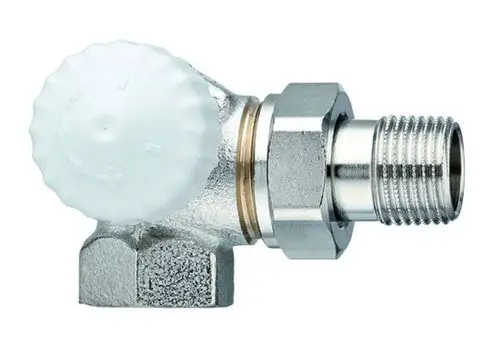 Thermostat-Ventilunterteil mit Winkeleck und einem verchromten Anschluss. Das Produkt ist von IMI Hydronic Engineering.